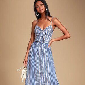 Lulus World Wonder Blue Striped Tie-Front Midi Dress